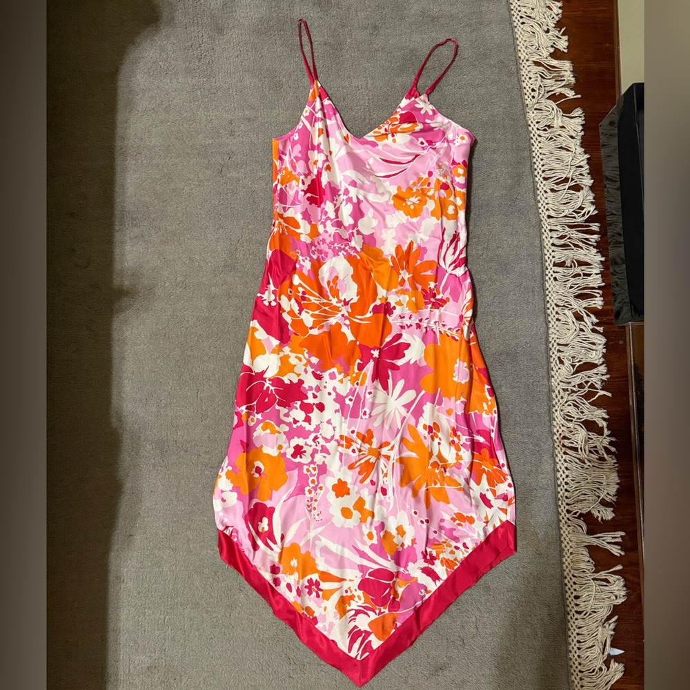 Vintage Express Pink & Orange Floral Asymmetrical Dress Size S Y2K